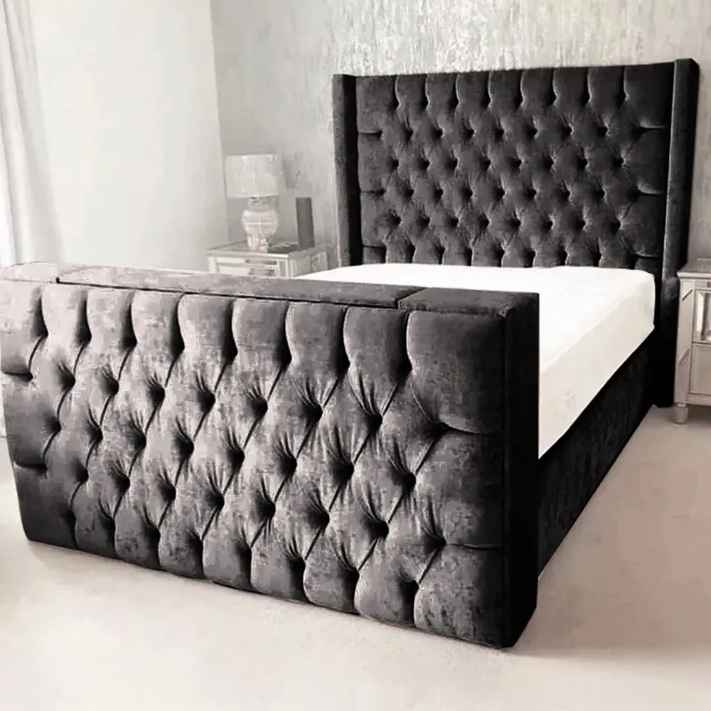 Lokie Super King Size TV Bed Frame with Remote - Black, Velvet