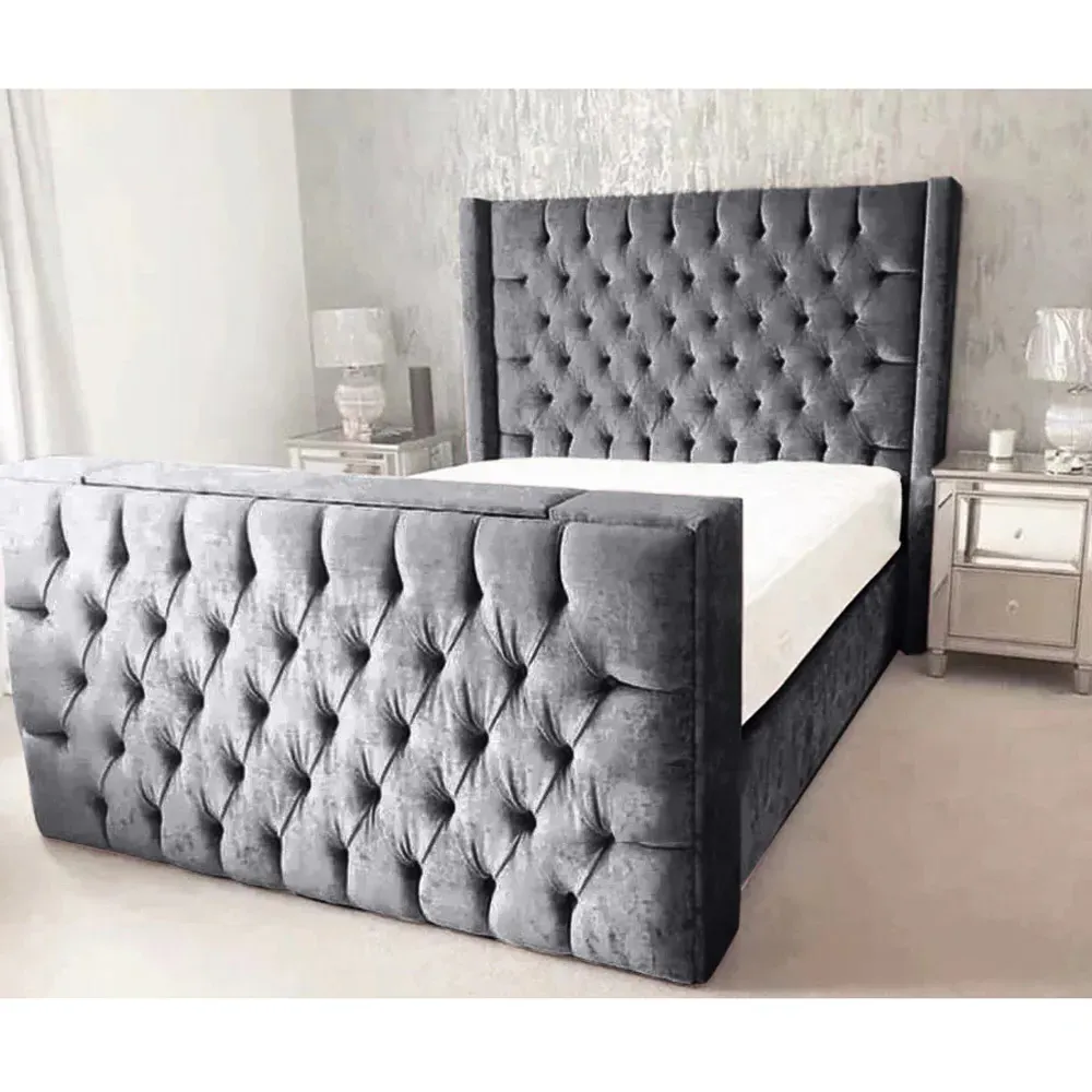 Lokie Super King Size TV Bed Frame with Remote - Grey, Velvet