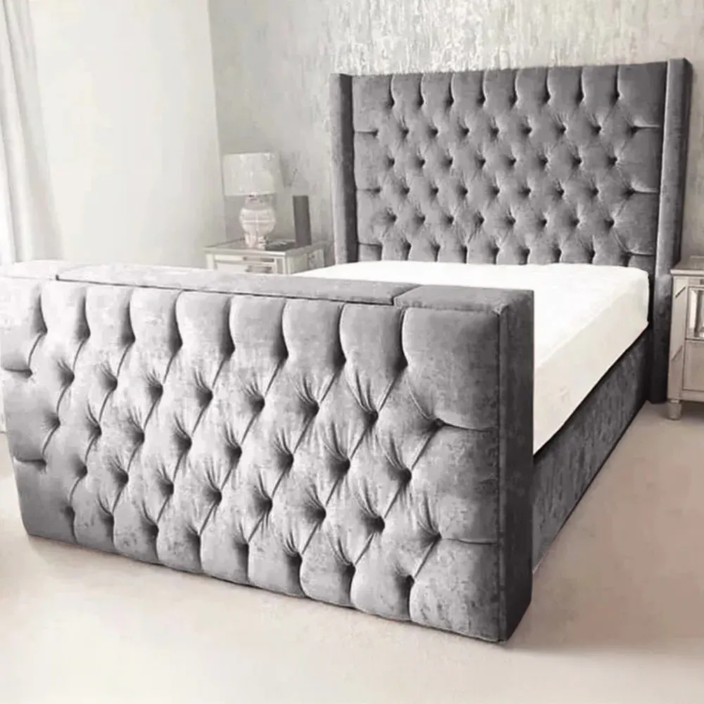 Lokie Super King Size TV Bed Frame with Remote - Silver, Velvet