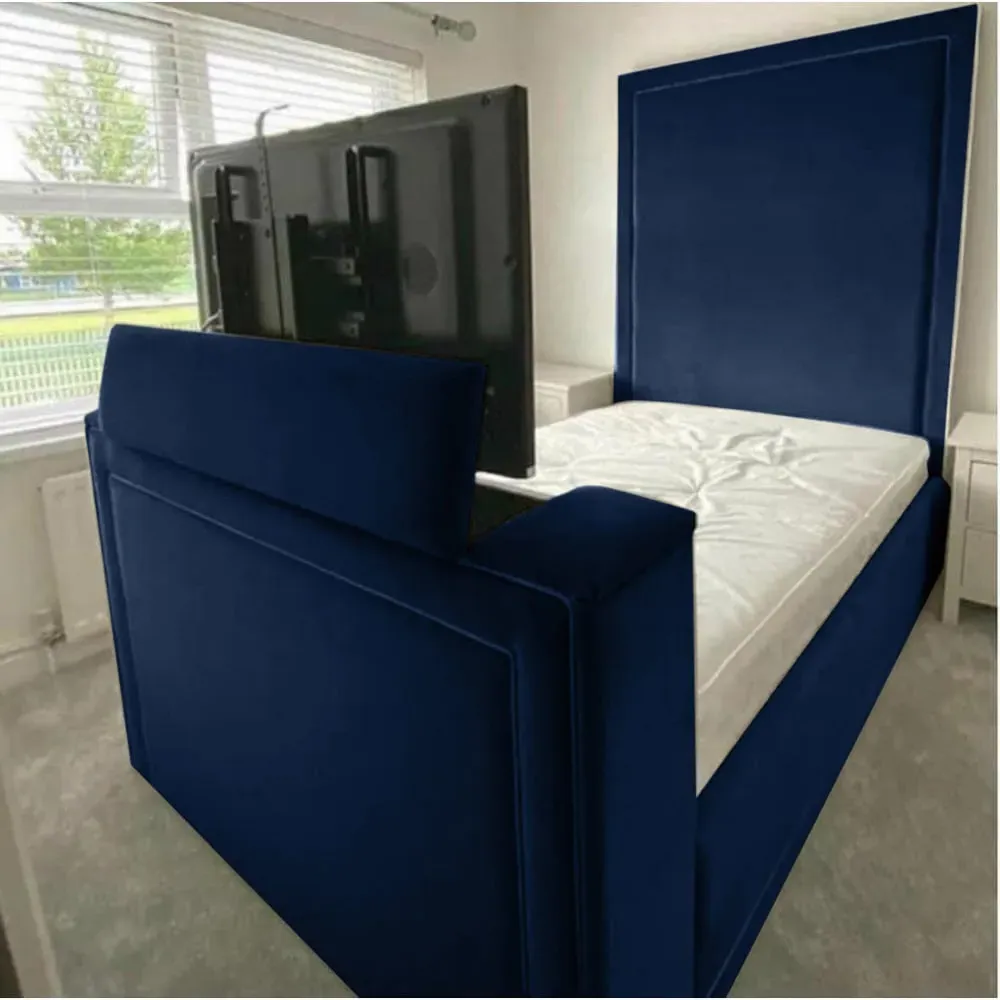 Loxie King Size TV Bed Frame with Remote - Blue, Velvet