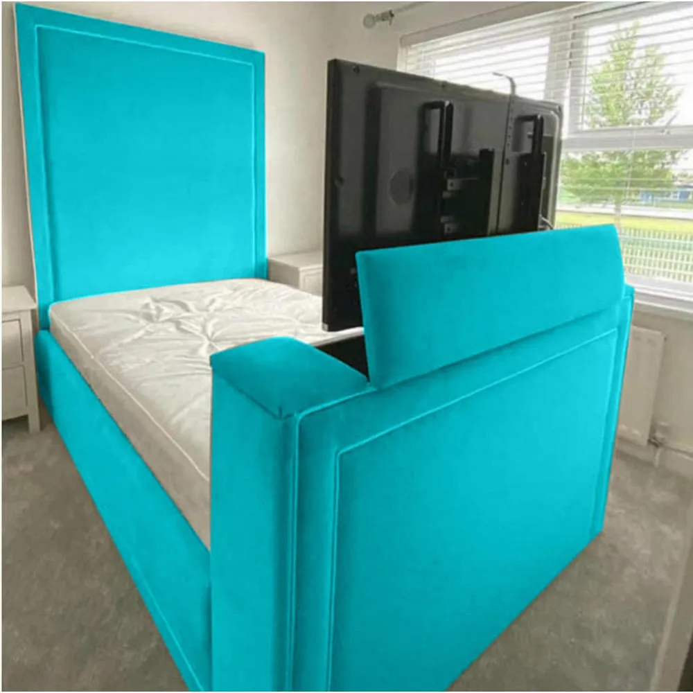 Loxie King Size TV Bed Frame with Remote - Blue, Velvet