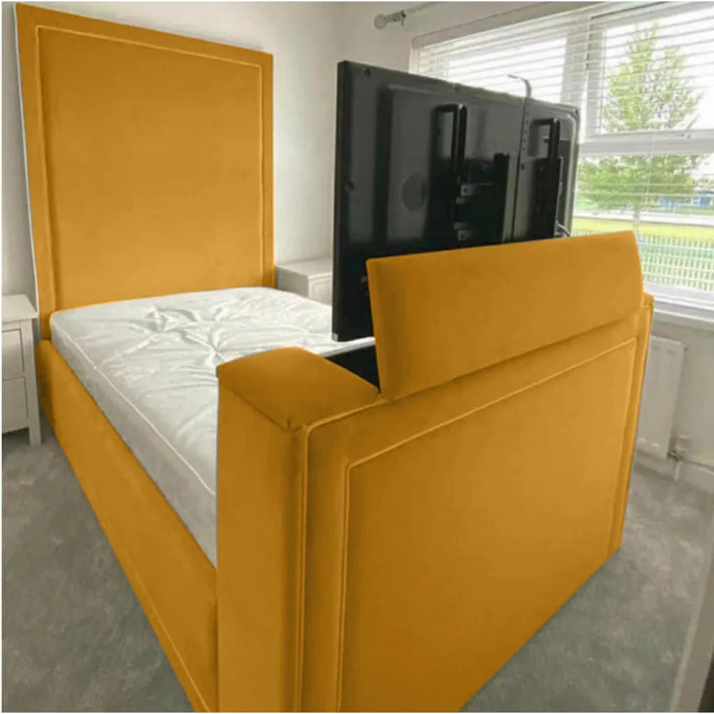 Loxie King Size TV Bed Frame with Remote - Mustard, Velvet