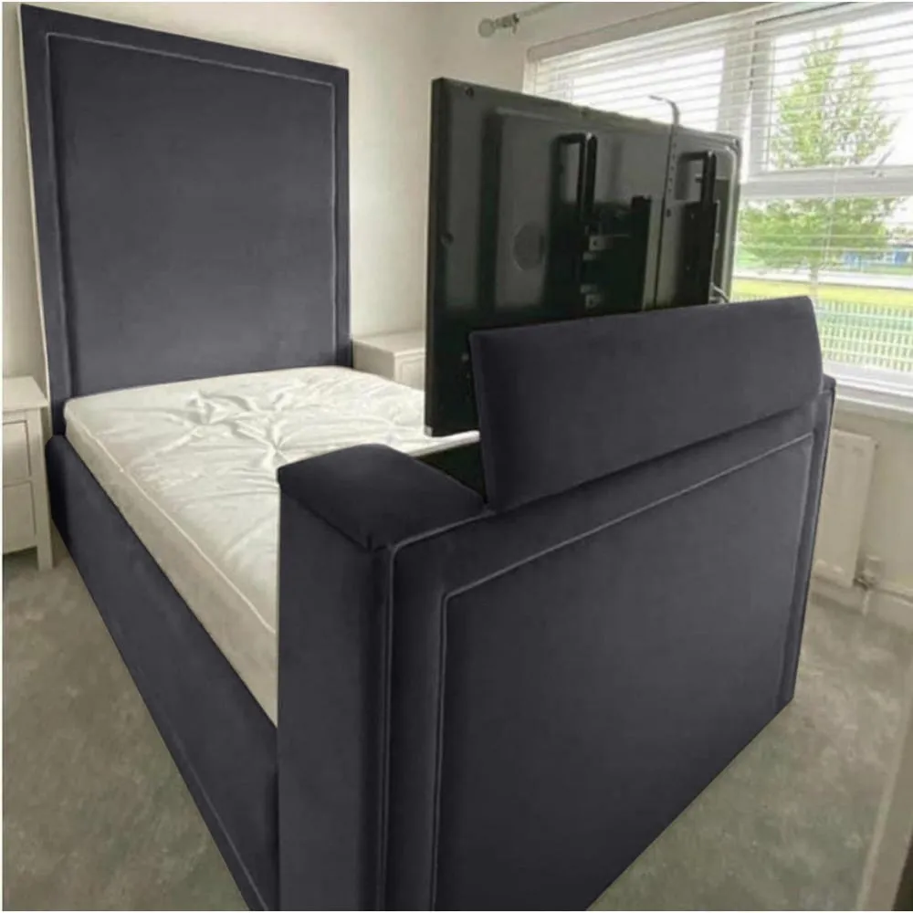 Loxie King Size TV Bed Frame with Storage - Grey, Velvet image