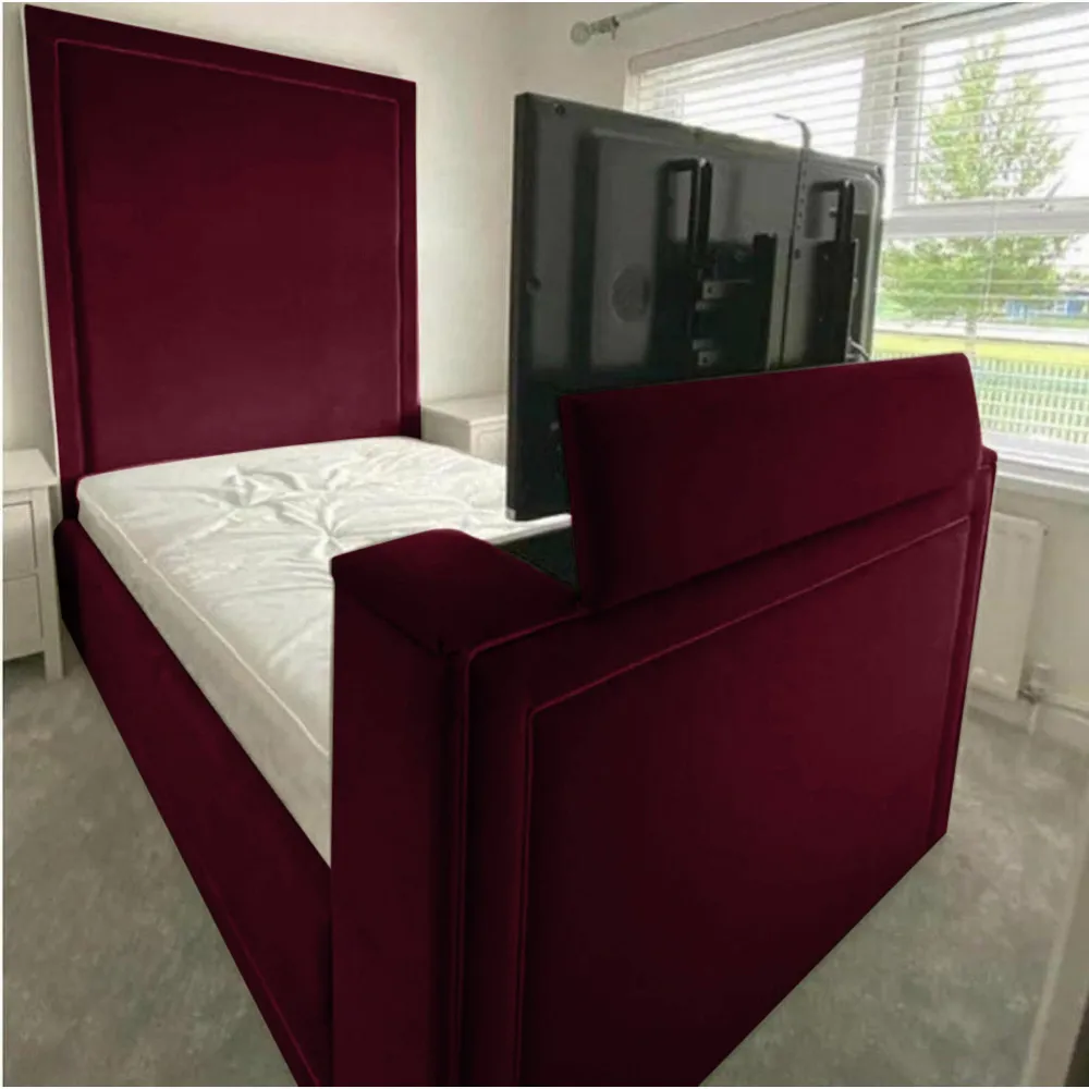 Loxie Super King TV Bed Frame with Remote - Maroon, Velvet