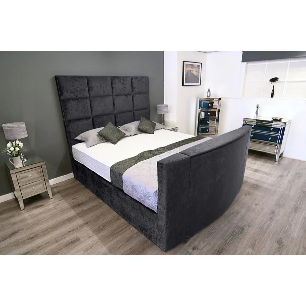 Lurvi King Size TV Bed Frame with Remote - Grey, Velvet