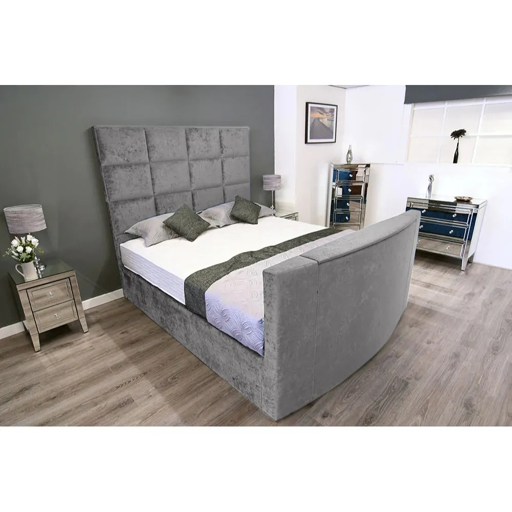 Lurvi King Size TV Bed Frame with Remote - Silver, Velvet