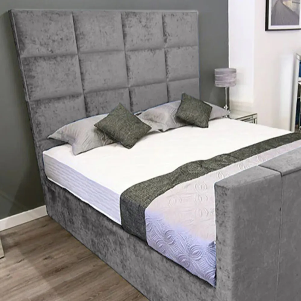 Lurvi Super King Size TV Bed Frame with Remote - Silver, Velvet