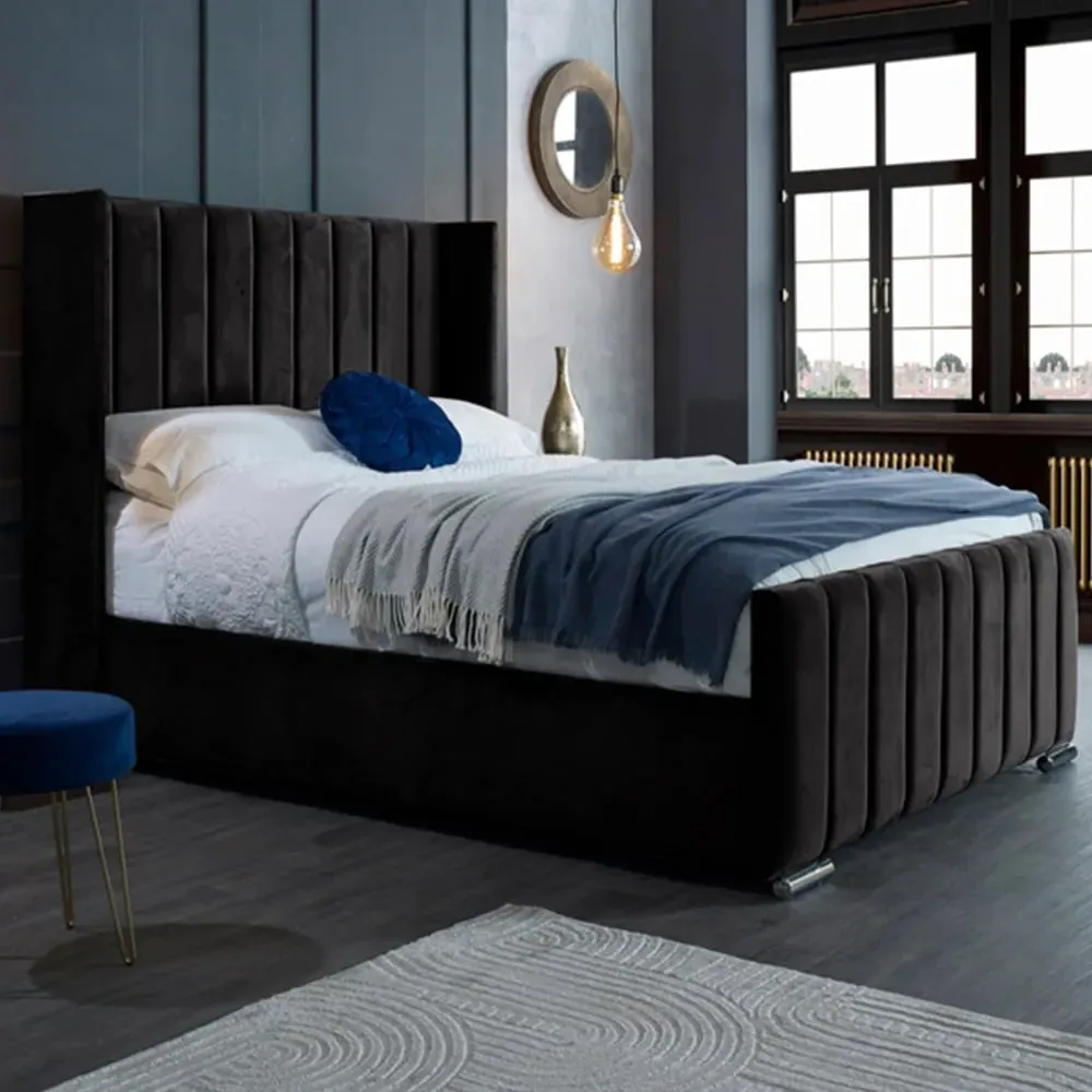 Meriso Double Bed Frame with Winged Headboard - Black, Velvet