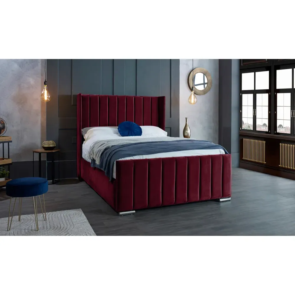 Meriso Double Bed Frame with Winged Headboard - Brown, Velvet