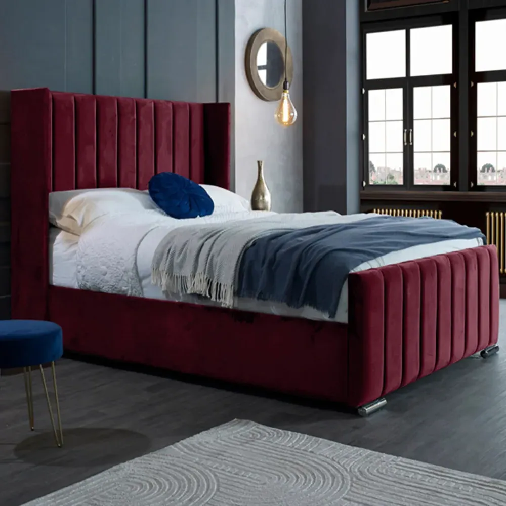 Meriso Double Bed Frame with Winged Headboard - Brown, Velvet