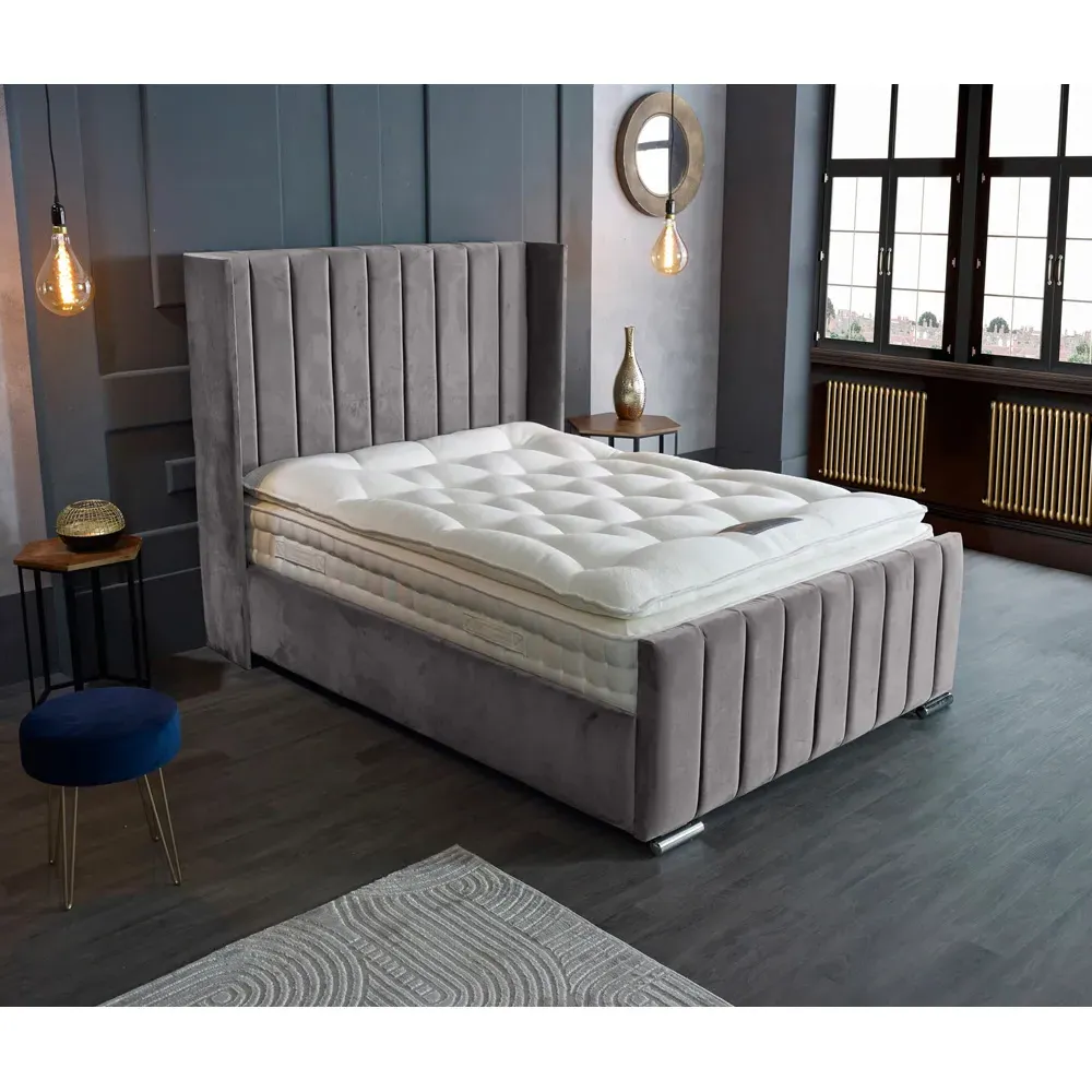 Meriso Double Bed Frame with Winged Headboard - Silver, Velvet