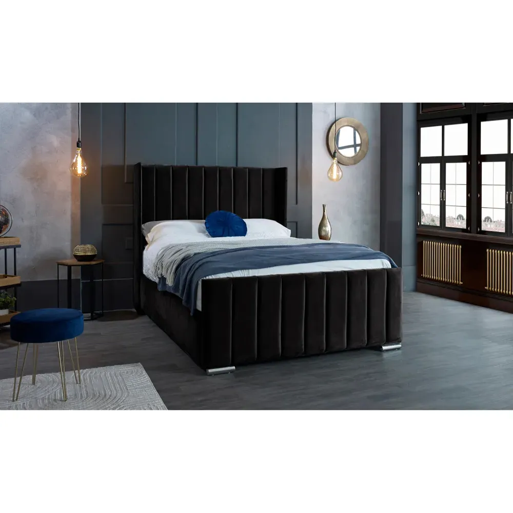 Meriso King Size Bed Frame with Winged Headboard - Black, Velvet