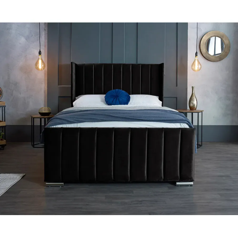 Meriso King Size Bed Frame with Winged Headboard - Black, Velvet
