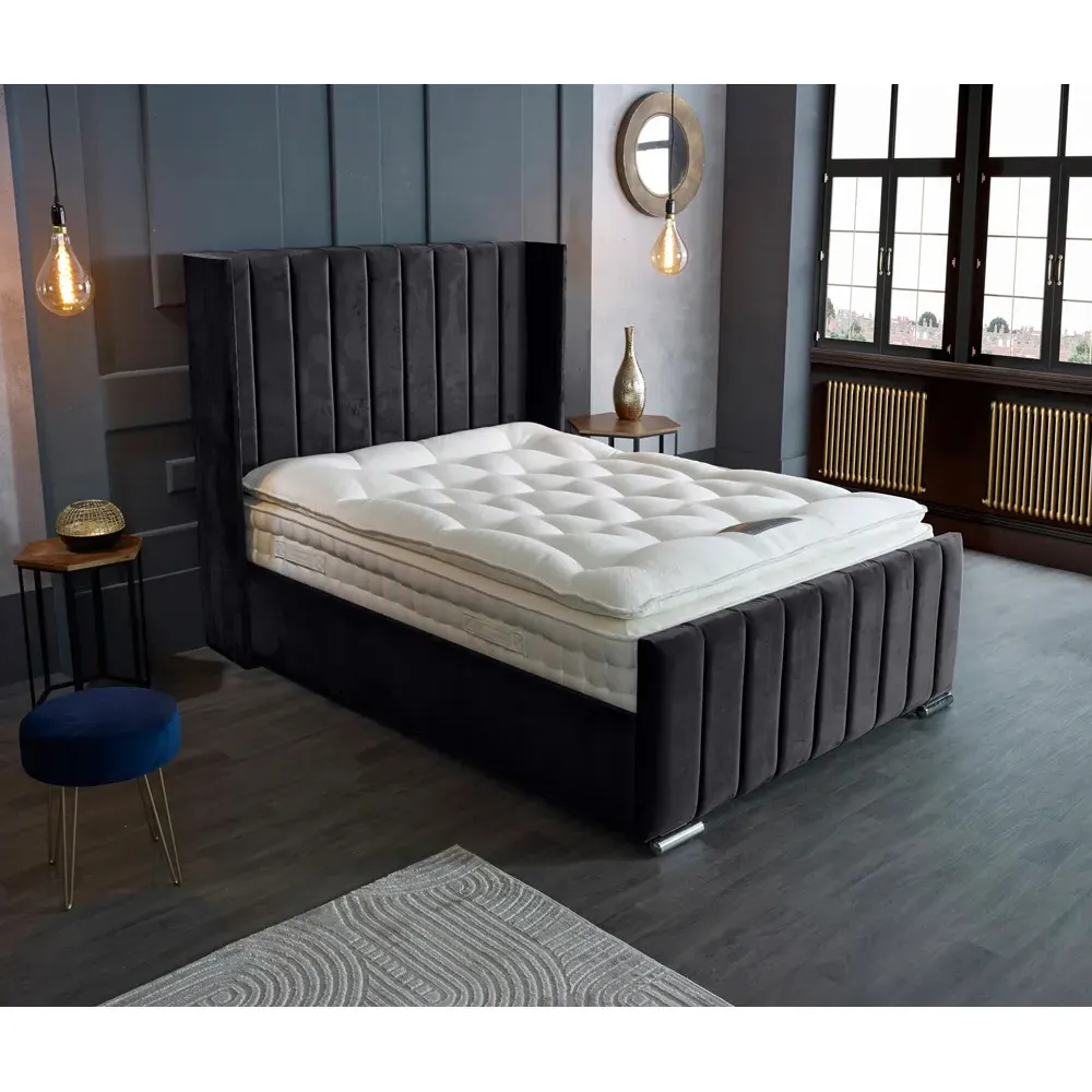 Meriso King Size Bed Frame with Winged Headboard - Grey, Velvet