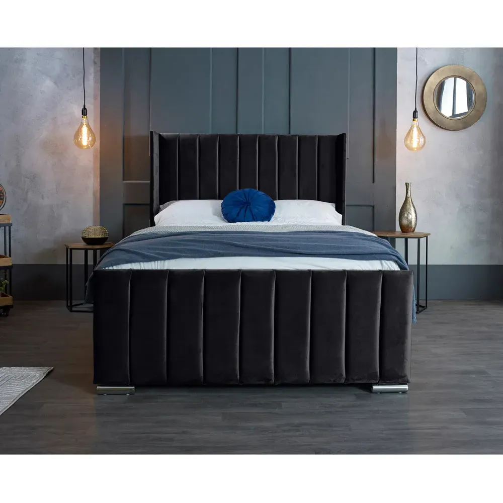 Meriso King Size Bed Frame with Winged Headboard - Grey, Velvet