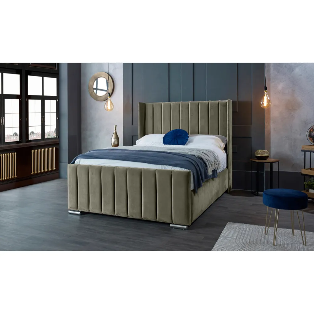 Meriso King Size Bed Frame with Winged Headboard - Grey, Velvet