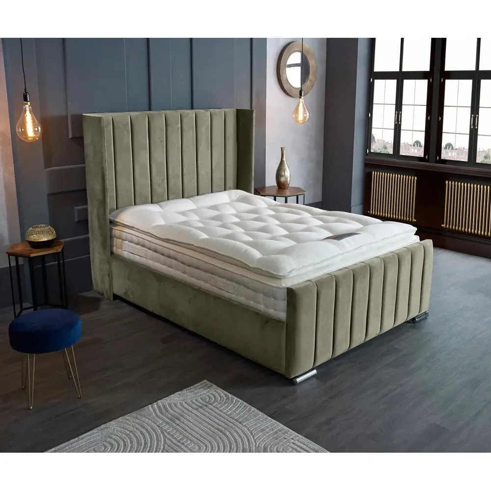 Meriso King Size Bed Frame with Winged Headboard - Grey, Velvet