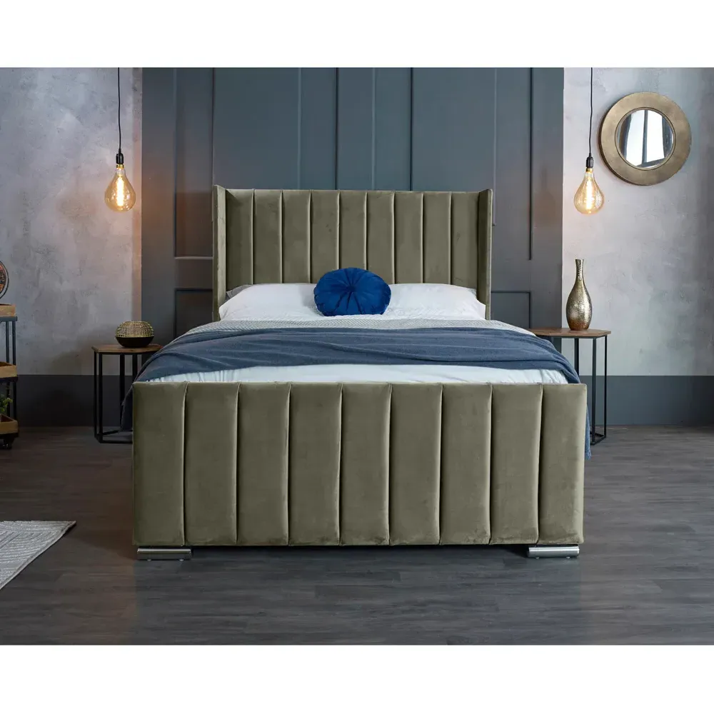 Meriso King Size Bed Frame with Winged Headboard - Grey, Velvet