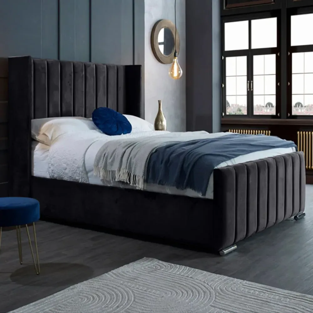 Meriso King Size Bed Frame with Winged Headboard - Grey, Velvet image