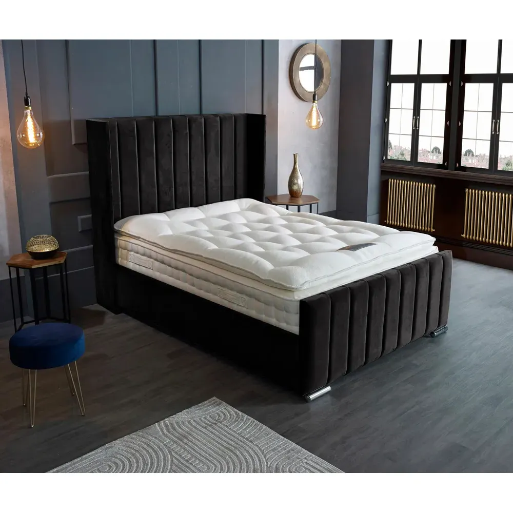 Meriso Super King Size Bed Frame with Winged Headboard - Black, Velvet