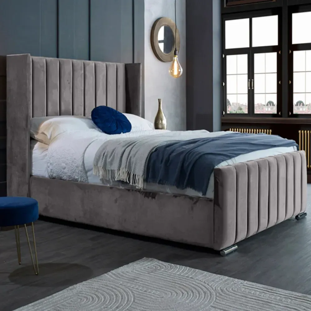 Meriso Super King Size Bed Frame with Winged Headboard - Silver, Velvet