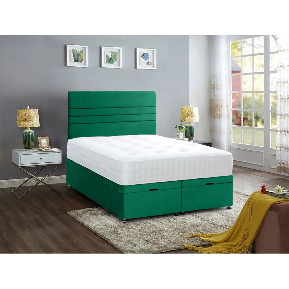 Napster King Size Ottoman Bed with Storage - Green, Velvet
