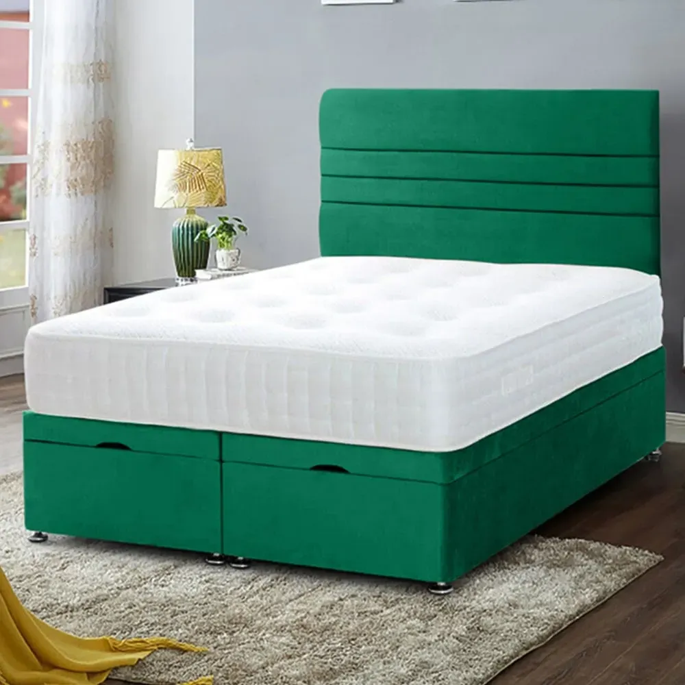 Napster Super King Size Ottoman Bed with Storage - Green, Velvet