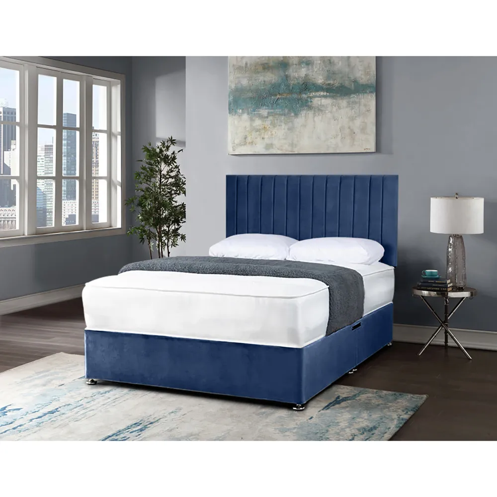 Naptime Double Divan Bed with Lined Headboard - Blue, Velvet