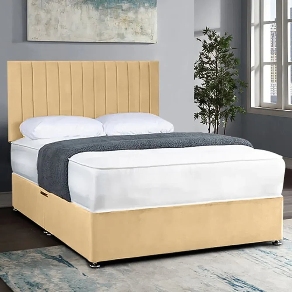 Naptime Double Divan Bed with Lined Headboard - Cream, Velvet