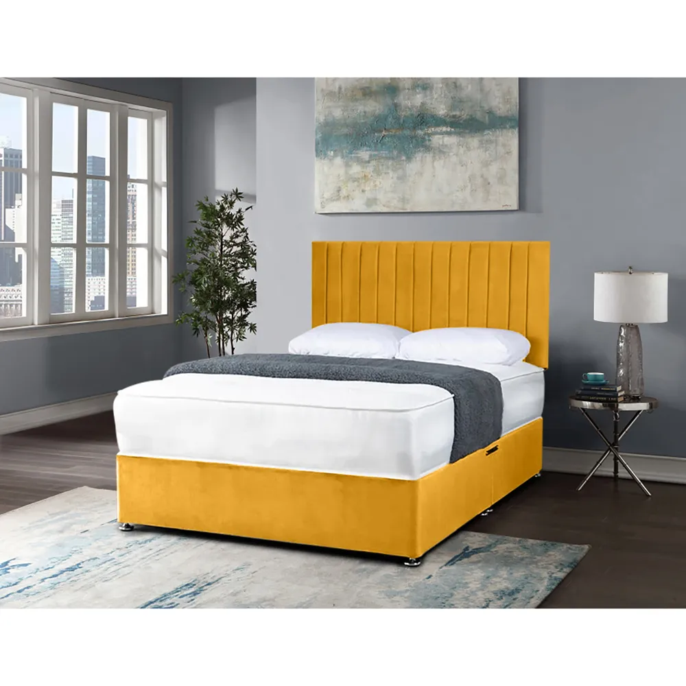 Naptime Double Divan Bed with Lined Headboard - Yellow, Velvet