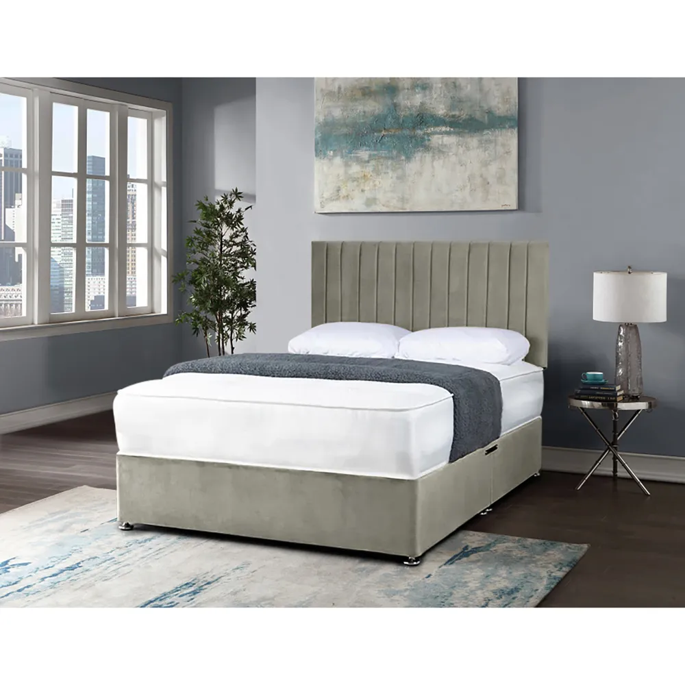 Naptime King Size Divan Bed with Lined Headboard - Grey, Velvet
