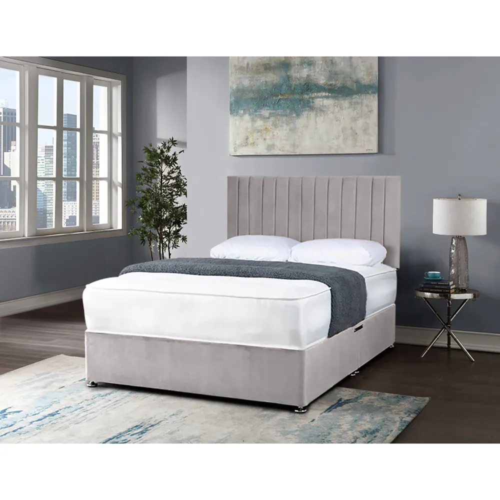 Naptime King Size Divan Bed with Lined Headboard - Silver, Velvet