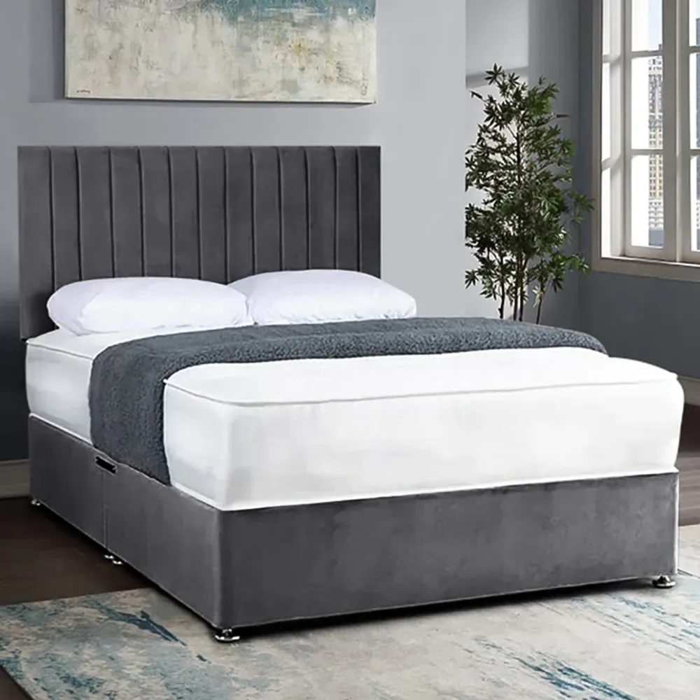 Naptime King Size Divan Bed with Lined Headboard - Silver, Velvet