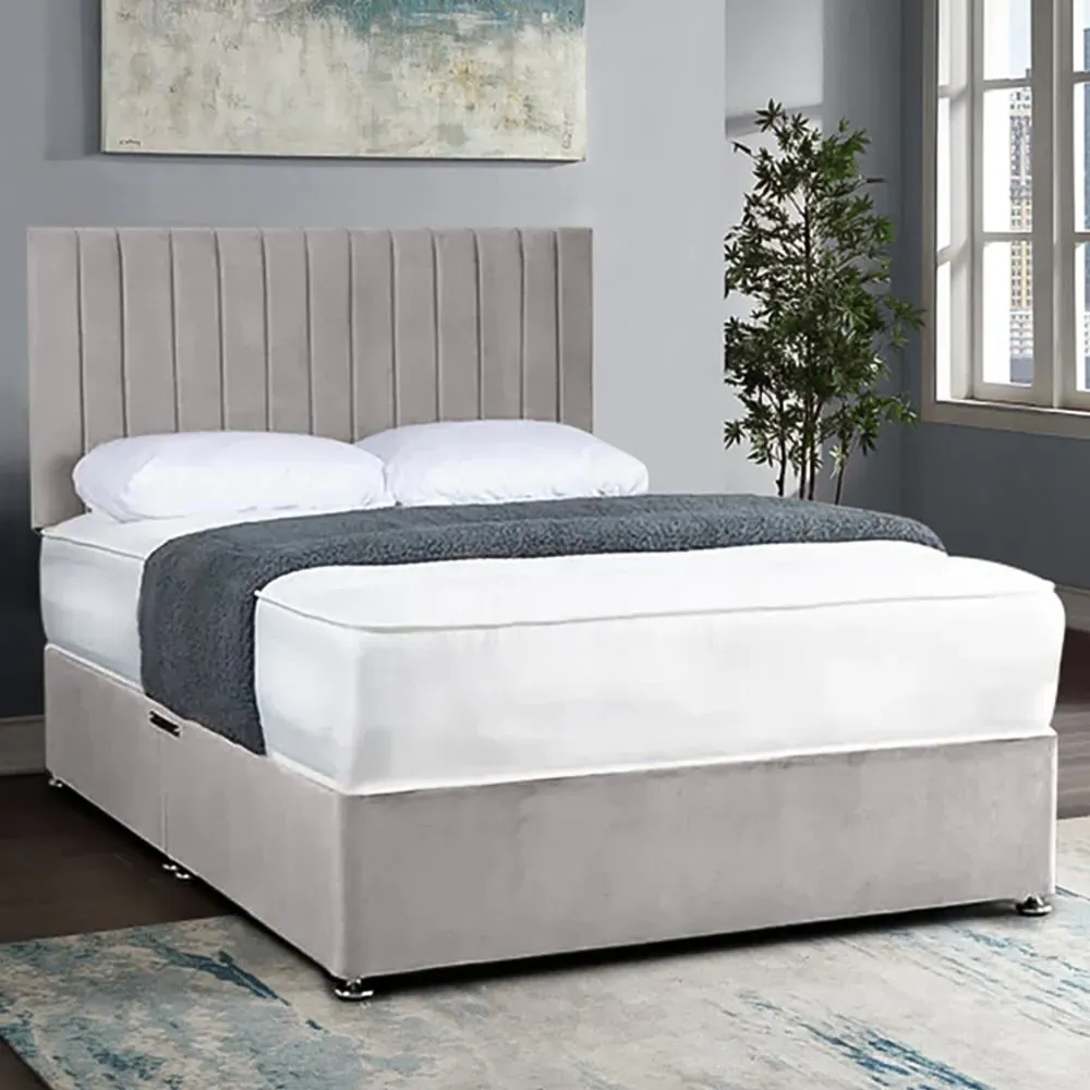Naptime King Size Divan Bed with Lined Headboard - Silver, Velvet