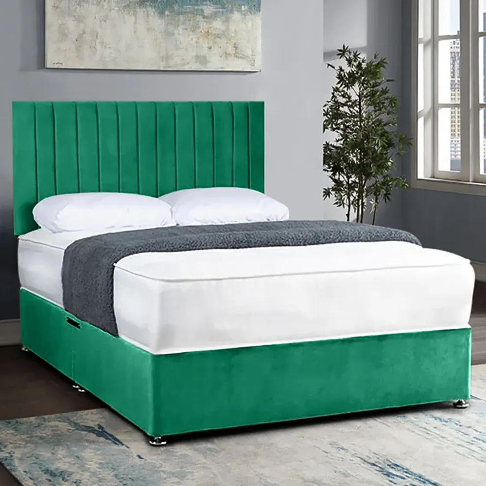 Naptime Small Double Divan Bed with Lined Headboard - Green, Velvet