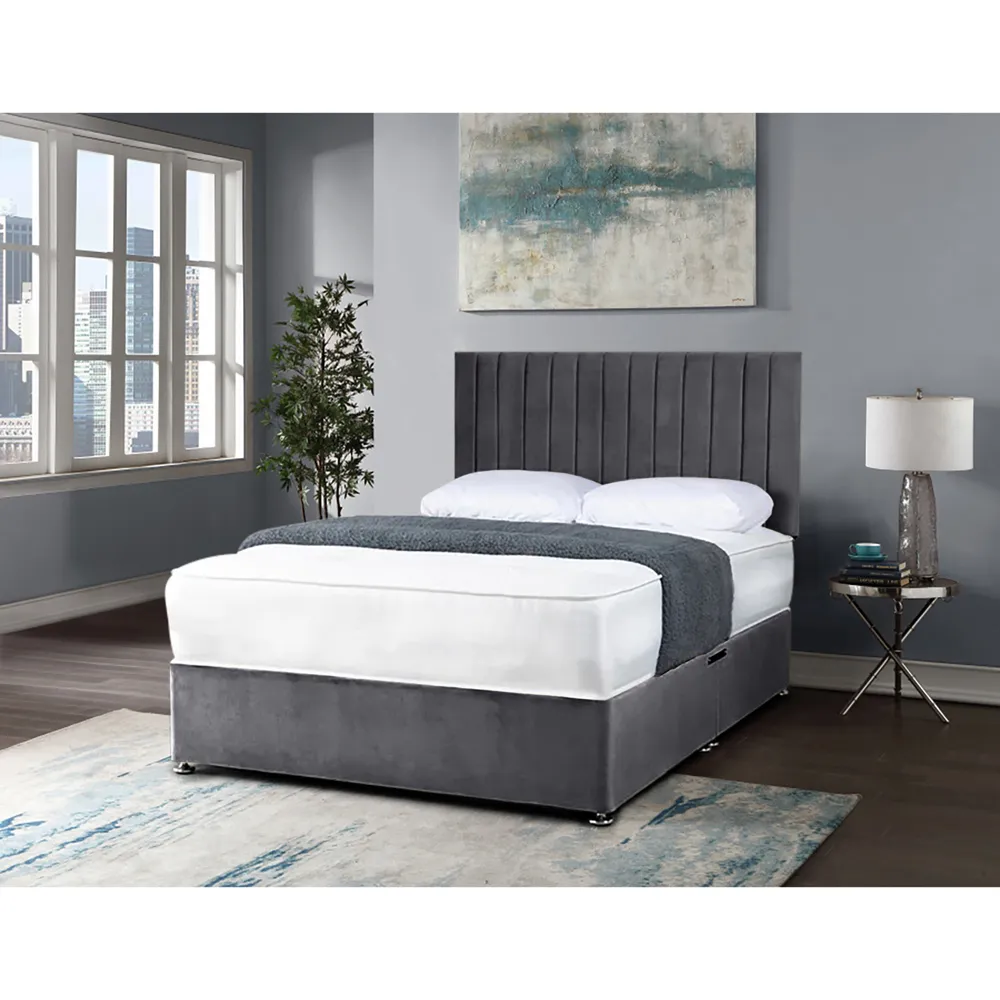 Naptime Small Double Divan Bed with Lined Headboard - Silver, Velvet