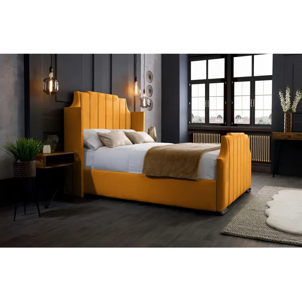 Nelly Double Bed Frame with Winged Headboard - Mustard, Velvet