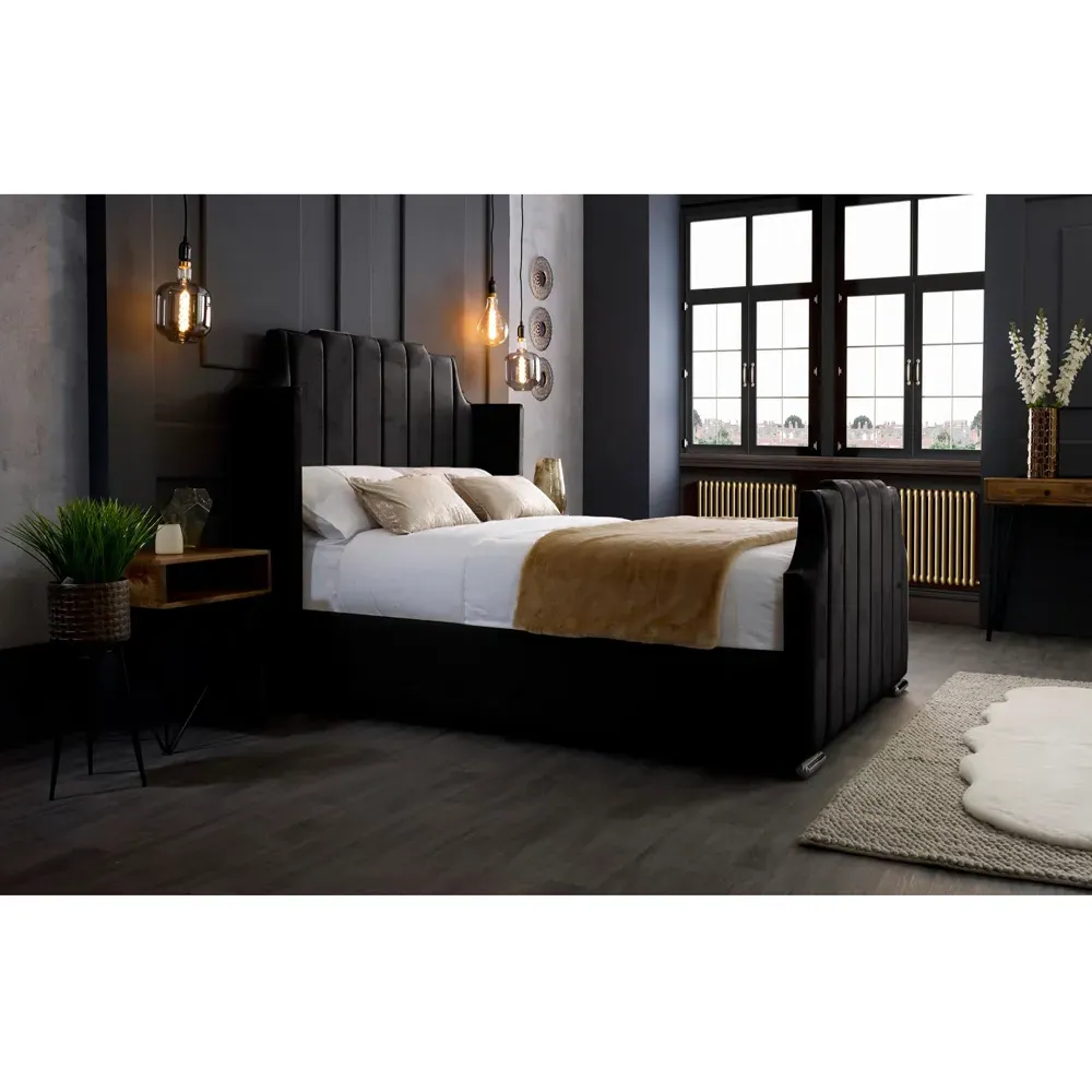 Nelly King Size Bed Frame with Winged Headboard - Black, Velvet