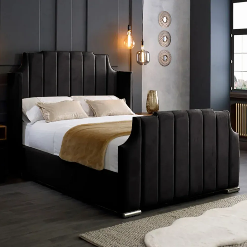 Nelly King Size Bed Frame with Winged Headboard - Black, Velvet