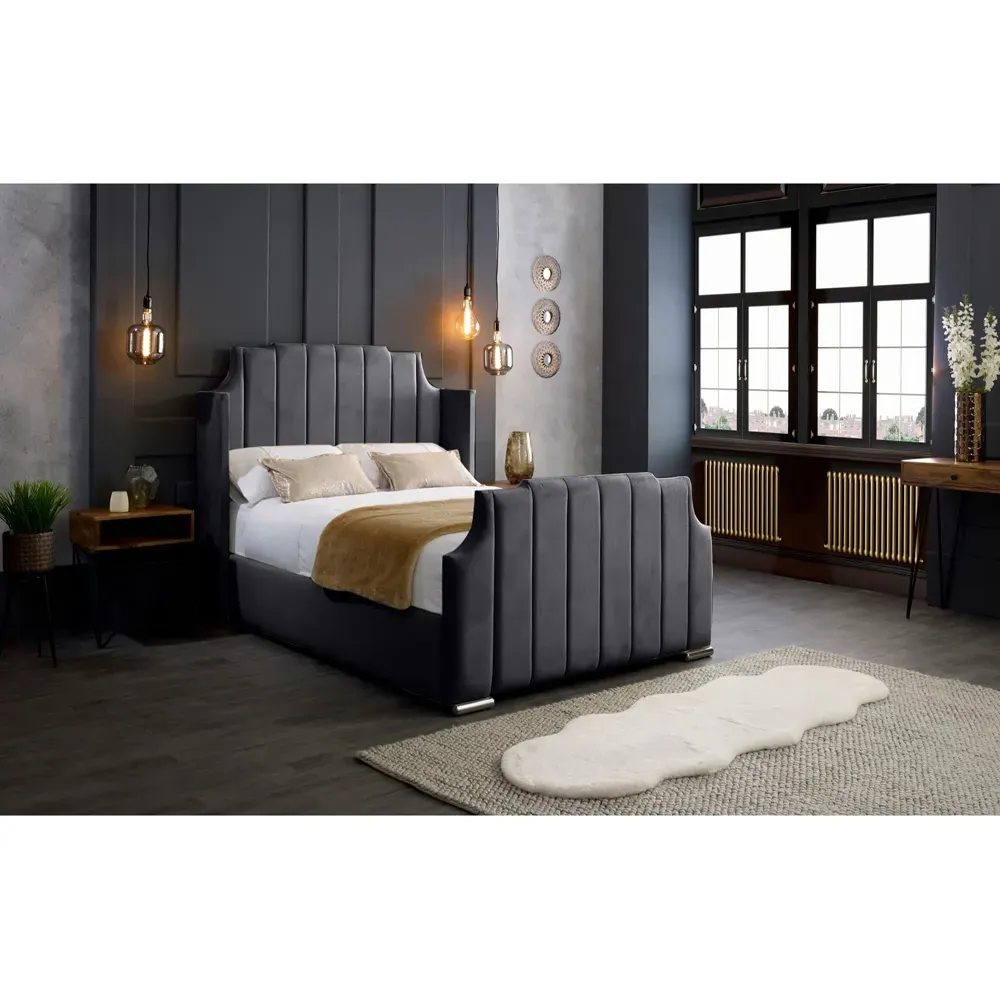 Nelly King Size Bed Frame with Winged Headboard - Grey, Velvet
