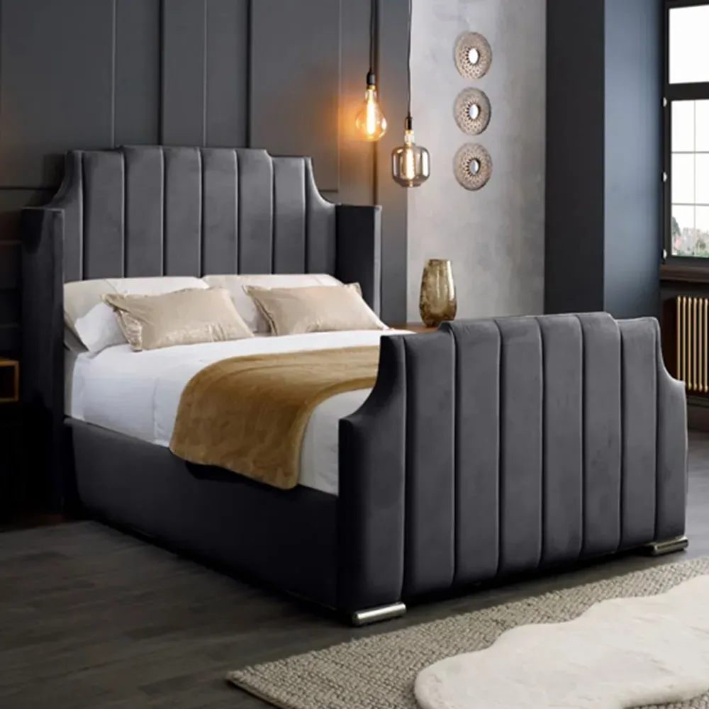 Nelly King Size Bed Frame with Winged Headboard - Grey, Velvet image