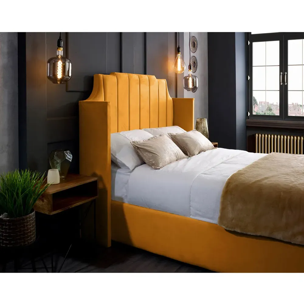 Nelly King Size Bed Frame with Winged Headboard - Orange, Velvet