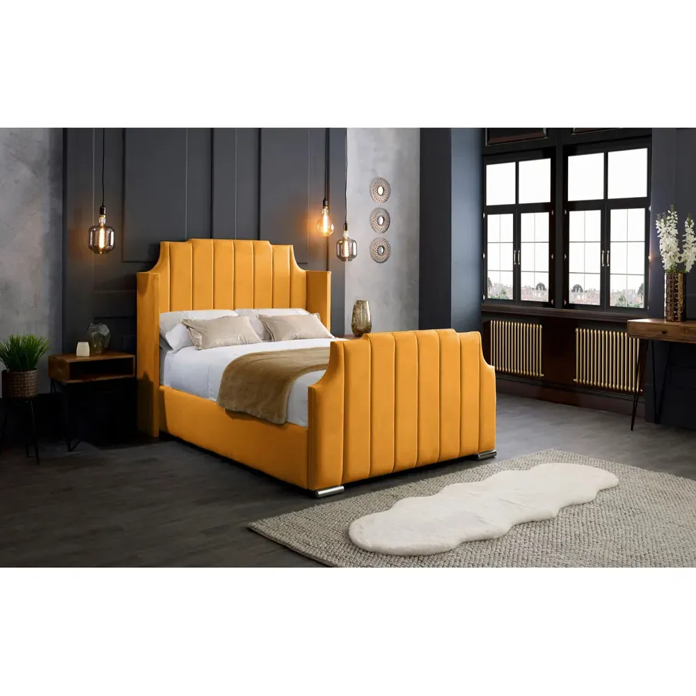 Nelly King Size Bed Frame with Winged Headboard - Orange, Velvet