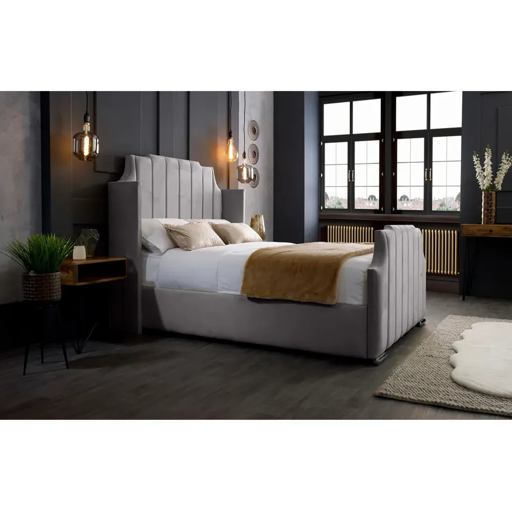 Nelly King Size Bed Frame with Winged Headboard - Silver, Velvet