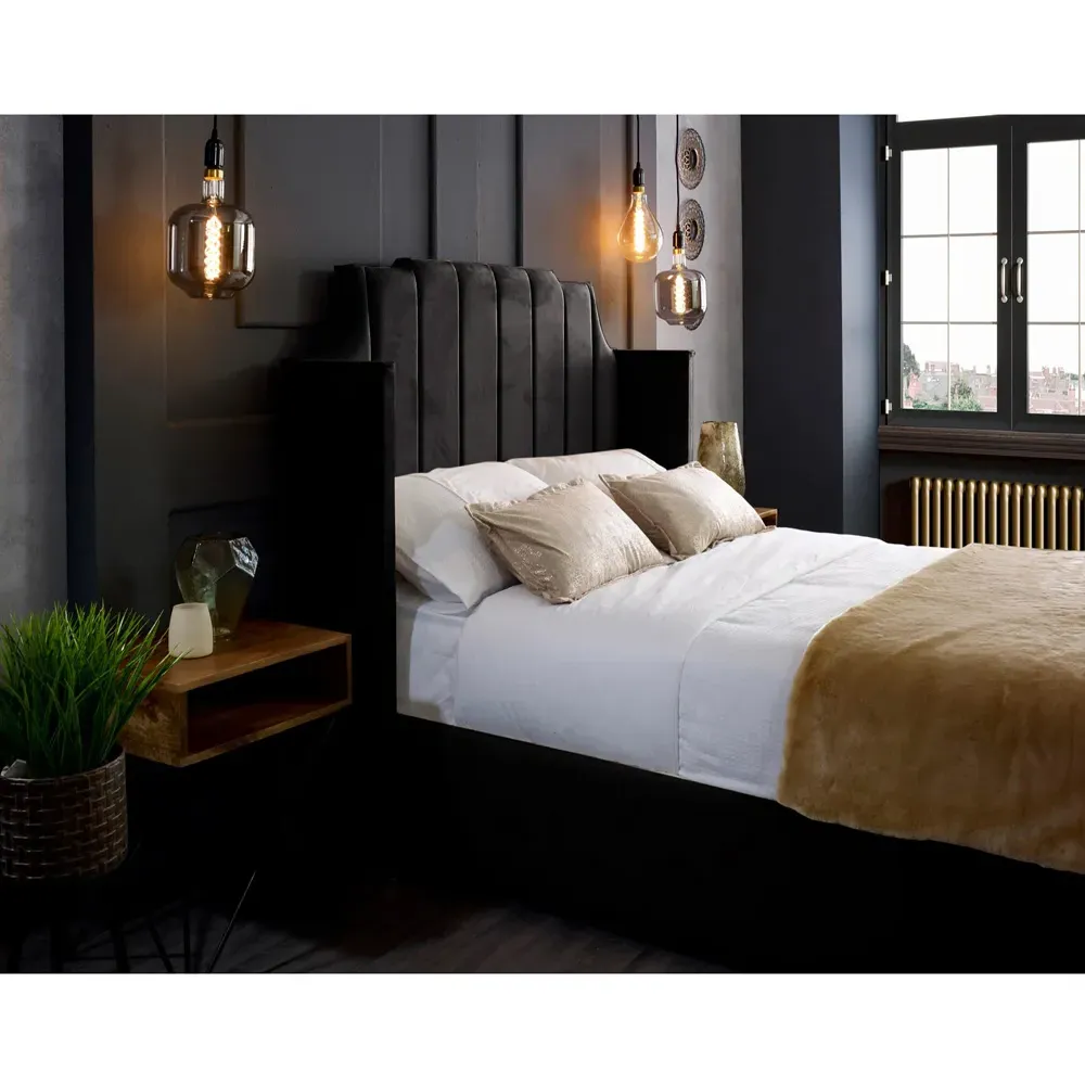 Nelly Super King Size Bed Frame with Winged Headboard - Black, Velvet