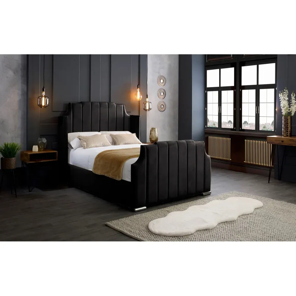 Nelly Super King Size Bed Frame with Winged Headboard - Black, Velvet