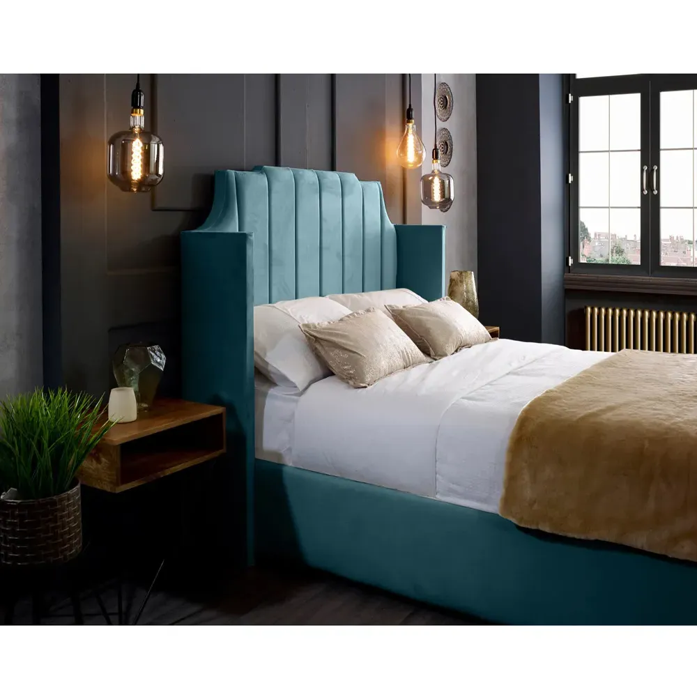 Nelly Super King Size Bed Frame with Winged Headboard - Blue, Velvet