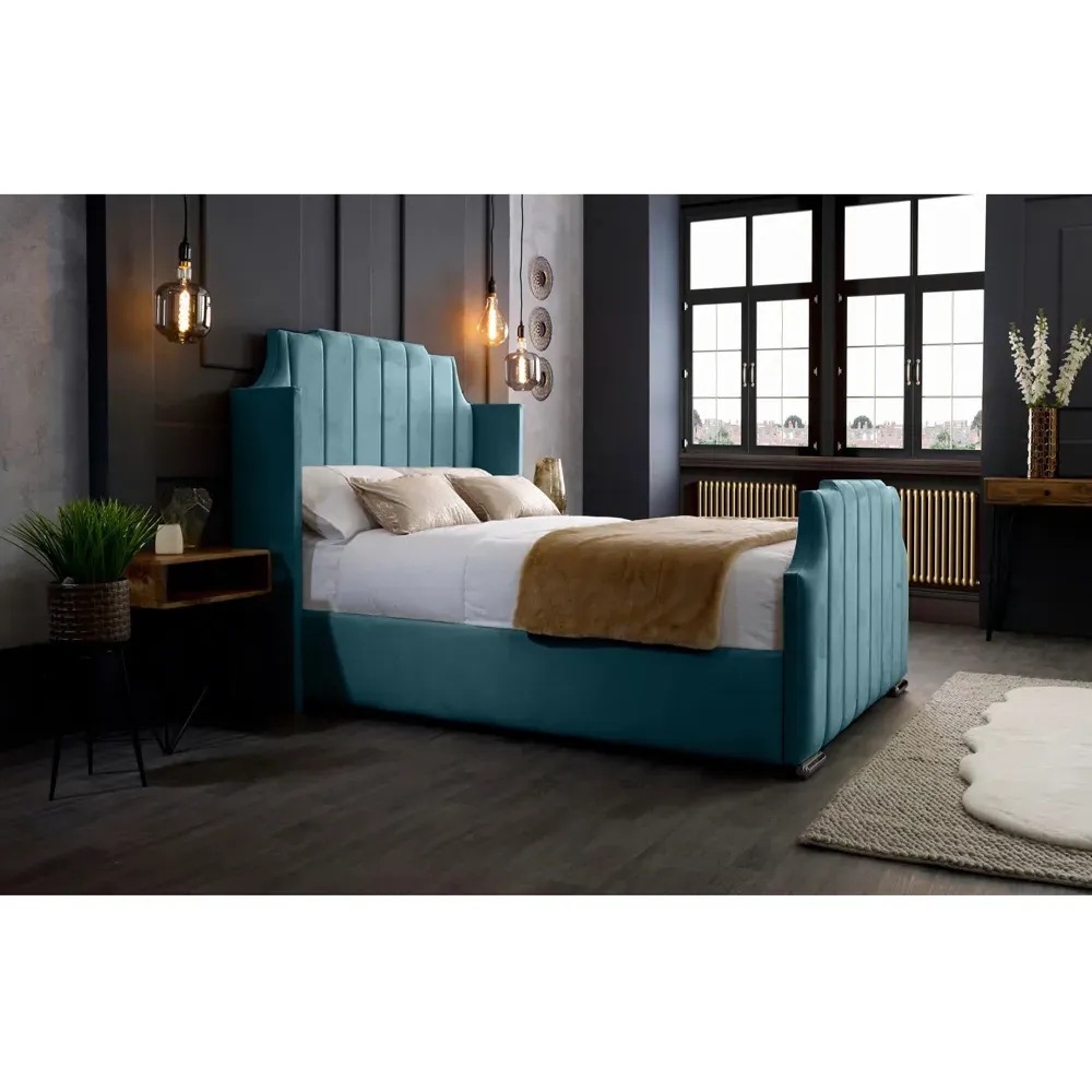 Nelly Super King Size Bed Frame with Winged Headboard - Blue, Velvet