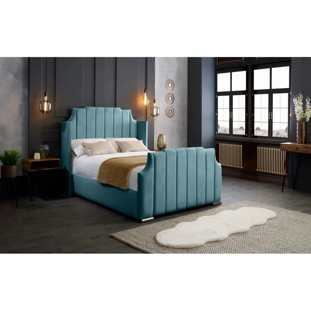 Nelly Super King Size Bed Frame with Winged Headboard - Blue, Velvet