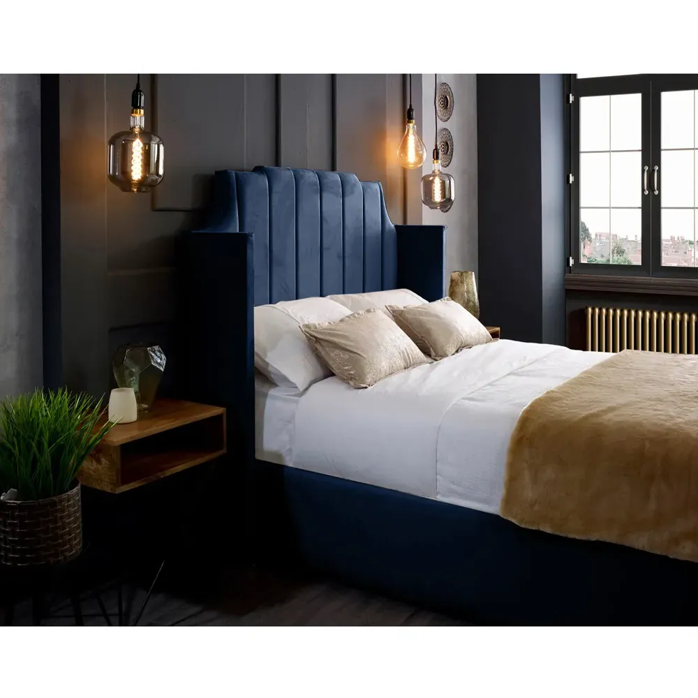 Nelly Super King Size Bed Frame with Winged Headboard - Blue, Velvet
